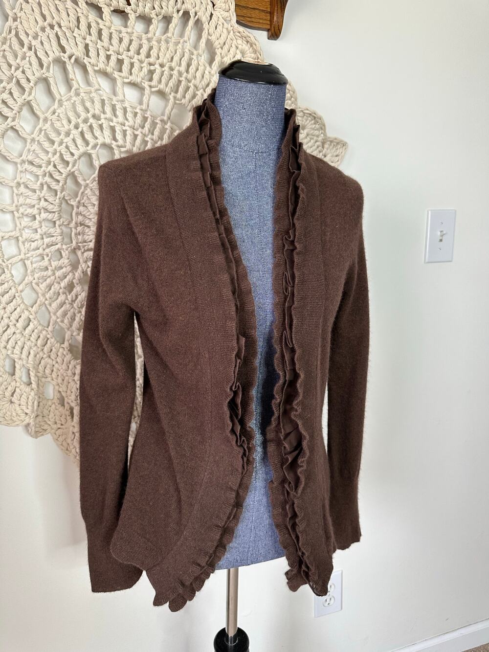 Vintage Sarah Spencer Chocolate Brown Wool Ruffle Open Front Cardigan Large